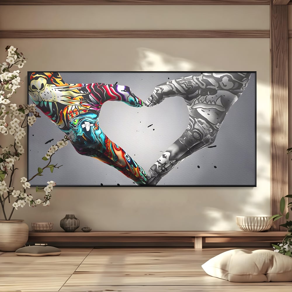 Tablou canvas cu tablou canvas cu maini in forma de inima stil grafitti, in rama de aluminiu negru